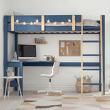 Bunk bed with desk - high sleeper loft bed frame for kids in blue wood finish, featuring a built-in study desk, ladder, and star string lights. Ideal space-saving furniture for children's bedrooms with a modern design and integrated workspace.