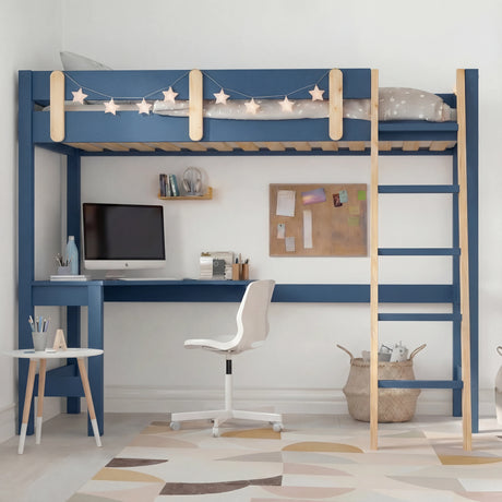 Bunk bed with desk - high sleeper loft bed frame for kids in blue wood finish, featuring a built-in study desk, ladder, and star string lights. Ideal space-saving furniture for children's bedrooms with a modern design and integrated workspace.