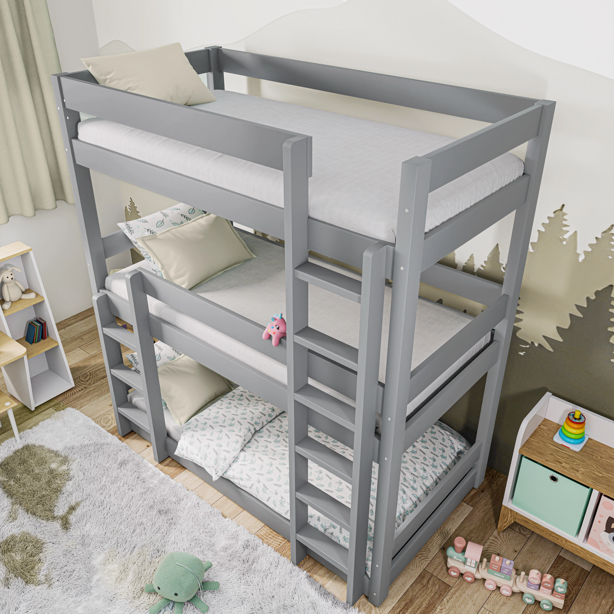 High-angle view of children's triple bunk beds in grey, showing ladders, guardrails, and compact design