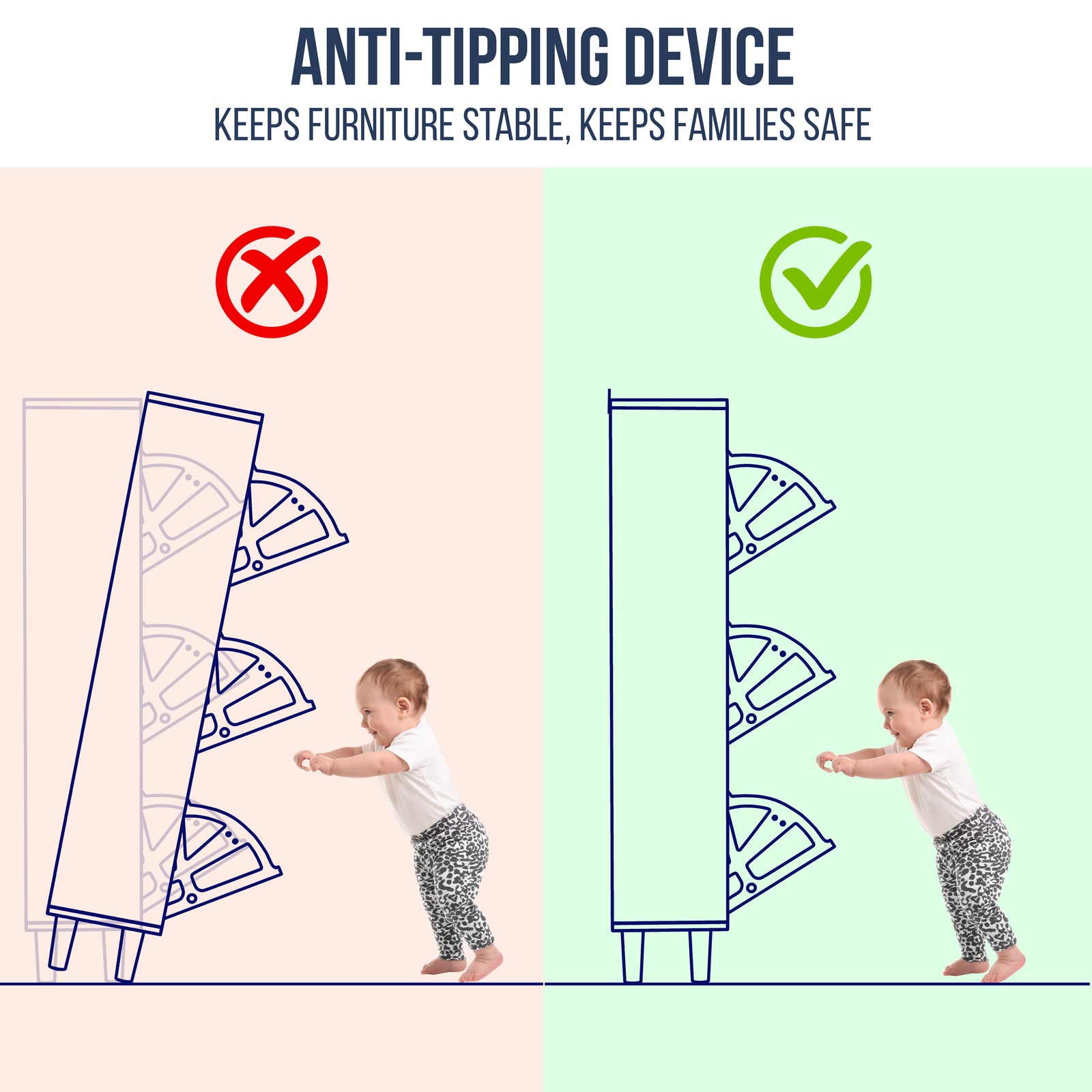 [Black] Anti-tip safety diagram: child pushing unsecured shoe cabinet vs wall-anchored cabinet