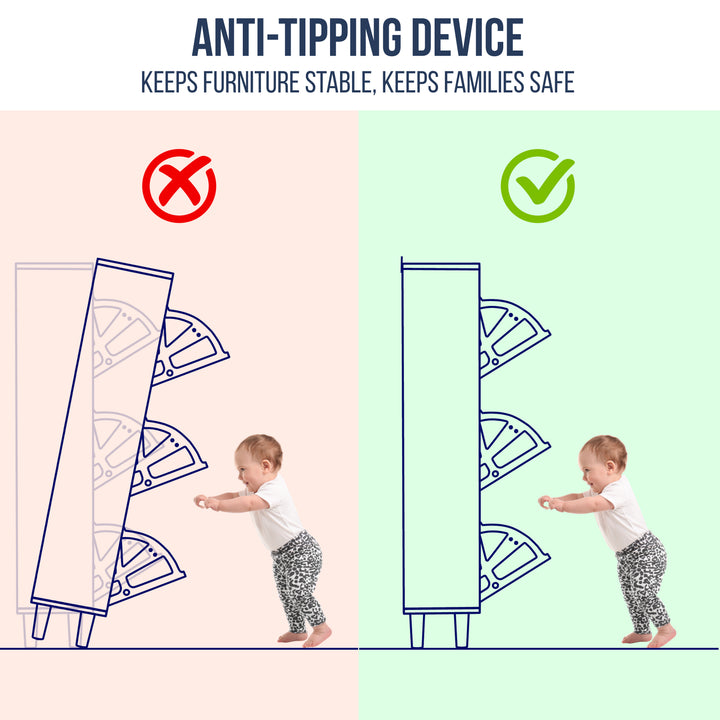 [Black] Anti-tip safety diagram: child pushing unsecured shoe cabinet vs wall-anchored cabinet