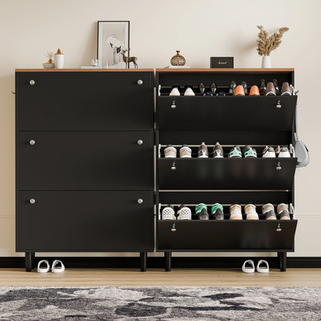 [Black] Two 3 door shoe cabinets side by side, one fully closed and one with all doors open