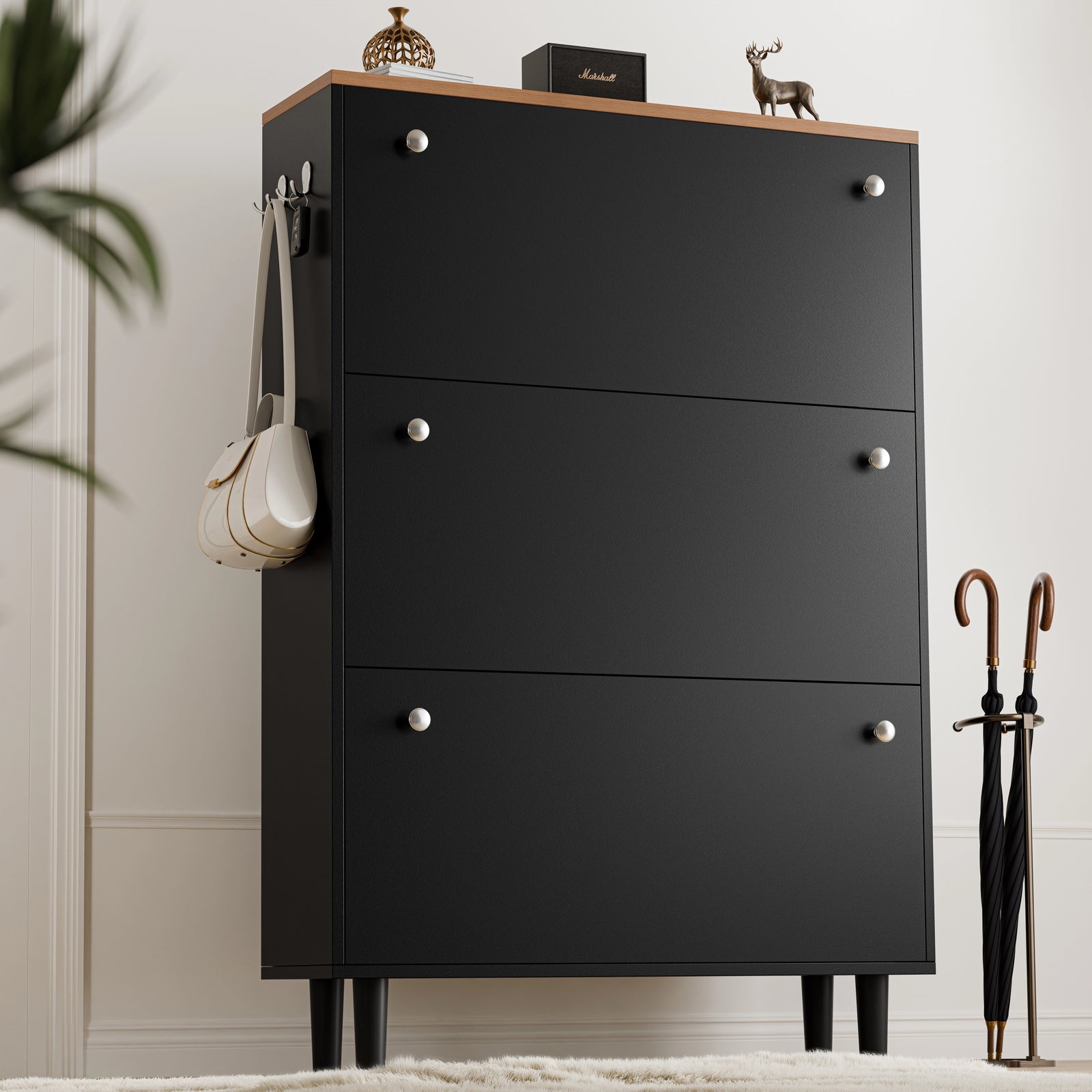 [Black] Tall narrow shoe cabinet with oak-effect top, round knobs, side hooks and four tapered legs