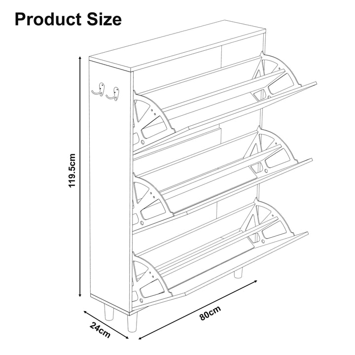 [White] Shoe cabinet line diagram with external measurements W 80 cm, D 24 cm and H 119.5 cm labelled