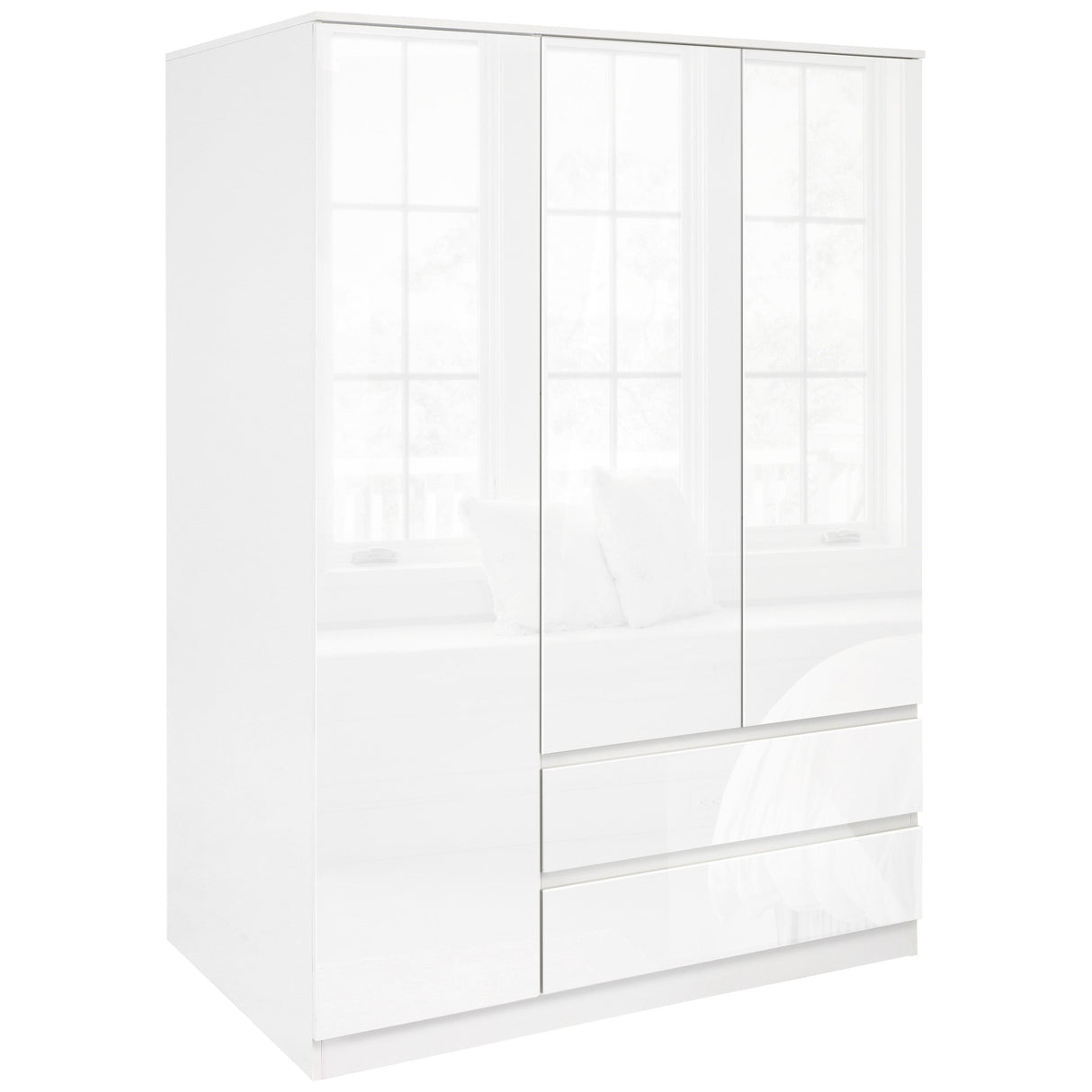 Elegant white 3-door wardrobe with ample storage, modern style, and sturdy construction.