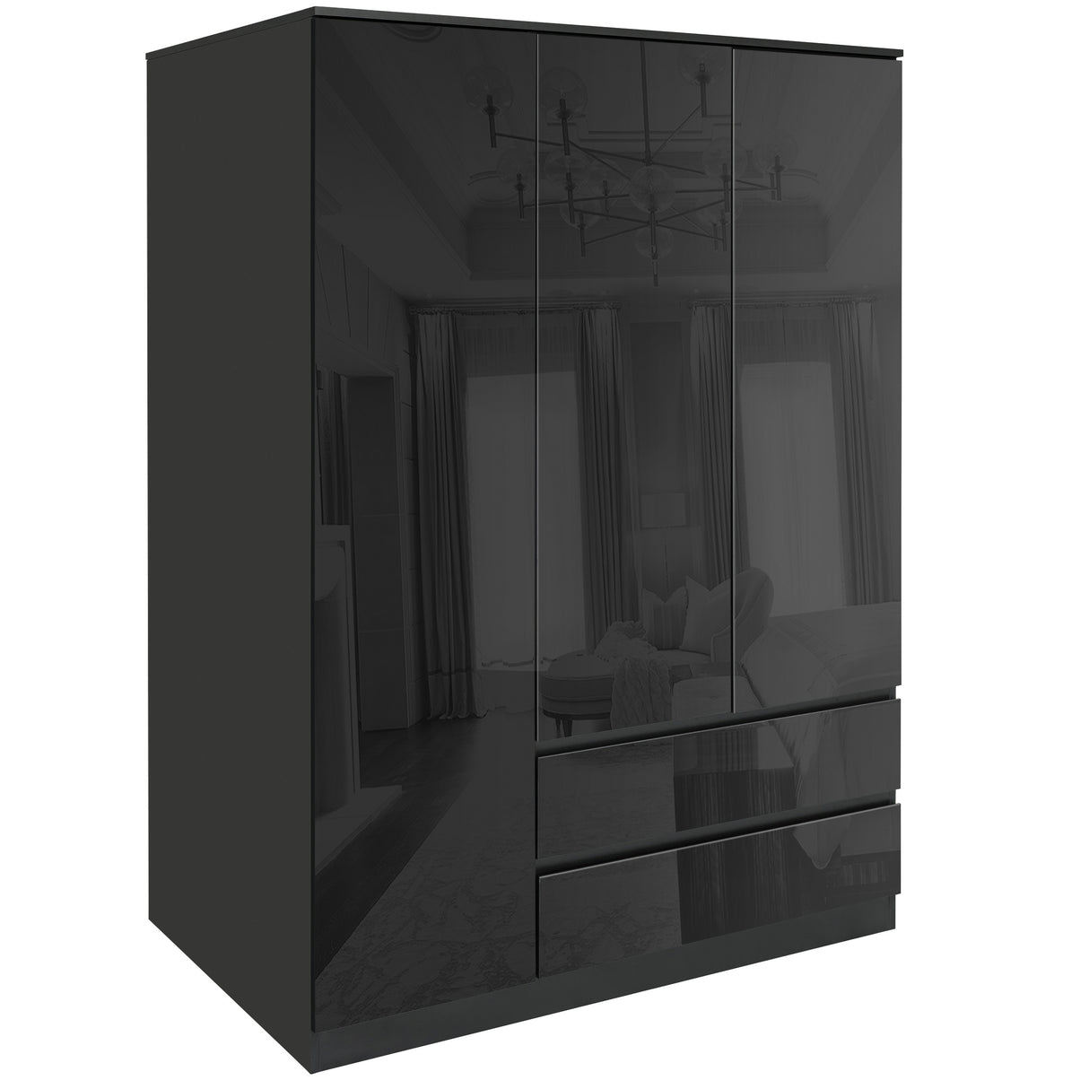 3-Door Black Wardrobe with Drawers – Stylish storage with ample space and modern design.