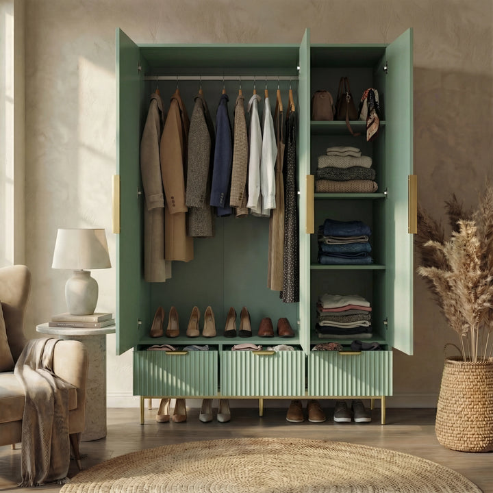 [Sage Green] Triple wardrobe with hanging space, internal shelves, and lower drawer storage for bedroom use