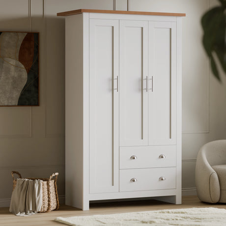 White shaker-style 3-door wardrobe with oak top and brushed steel handles from coordinated furniture sets