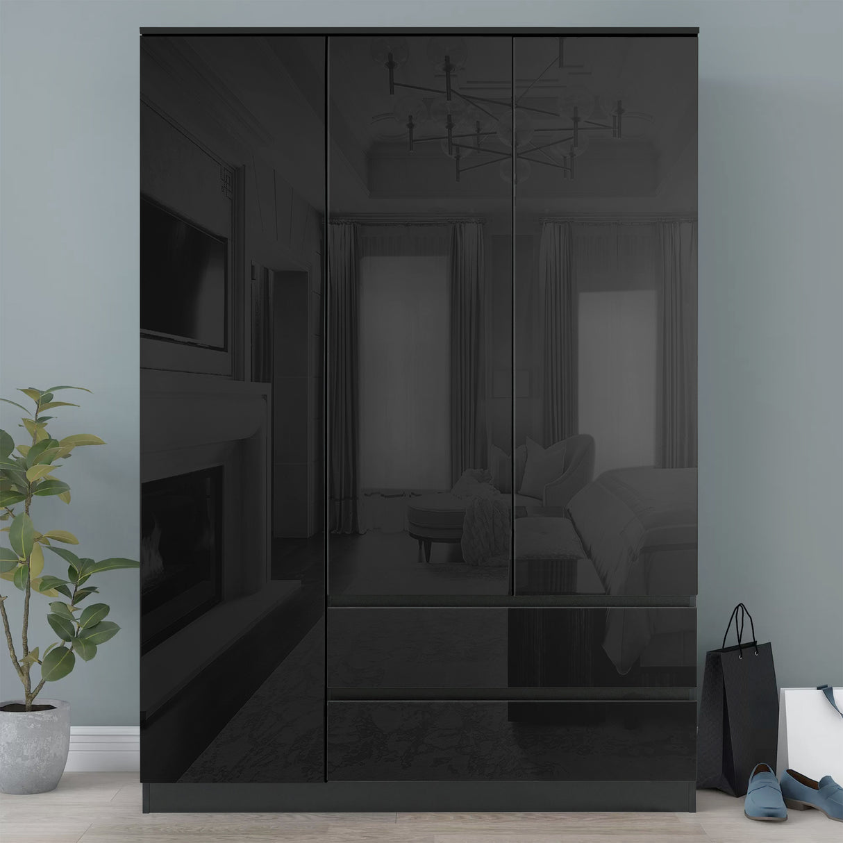 Sleek black 3 doors wardrobe, providing spacious storage and a modern design for any bedroom.