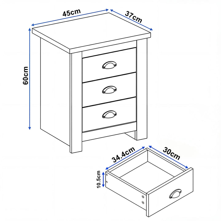 [Blue] Dimensions diagram showing 45cm width 37cm depth 60cm height with drawer internal measurements
