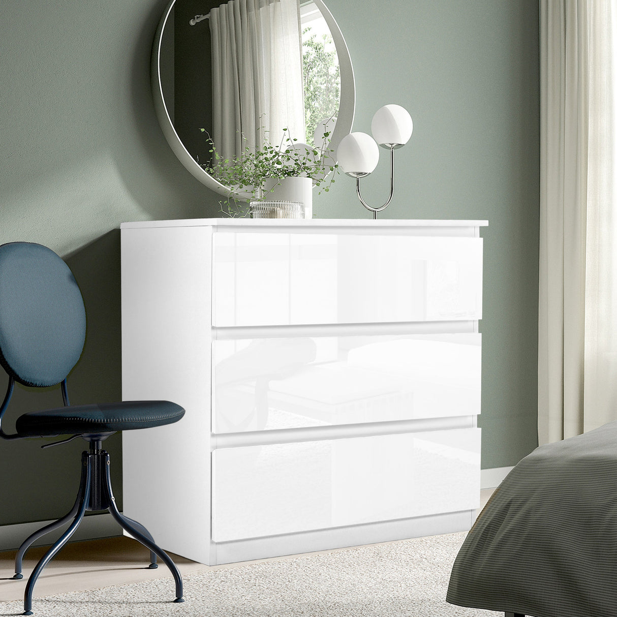 3-drawer chest of drawers in sleek design, perfect for bedroom storage.