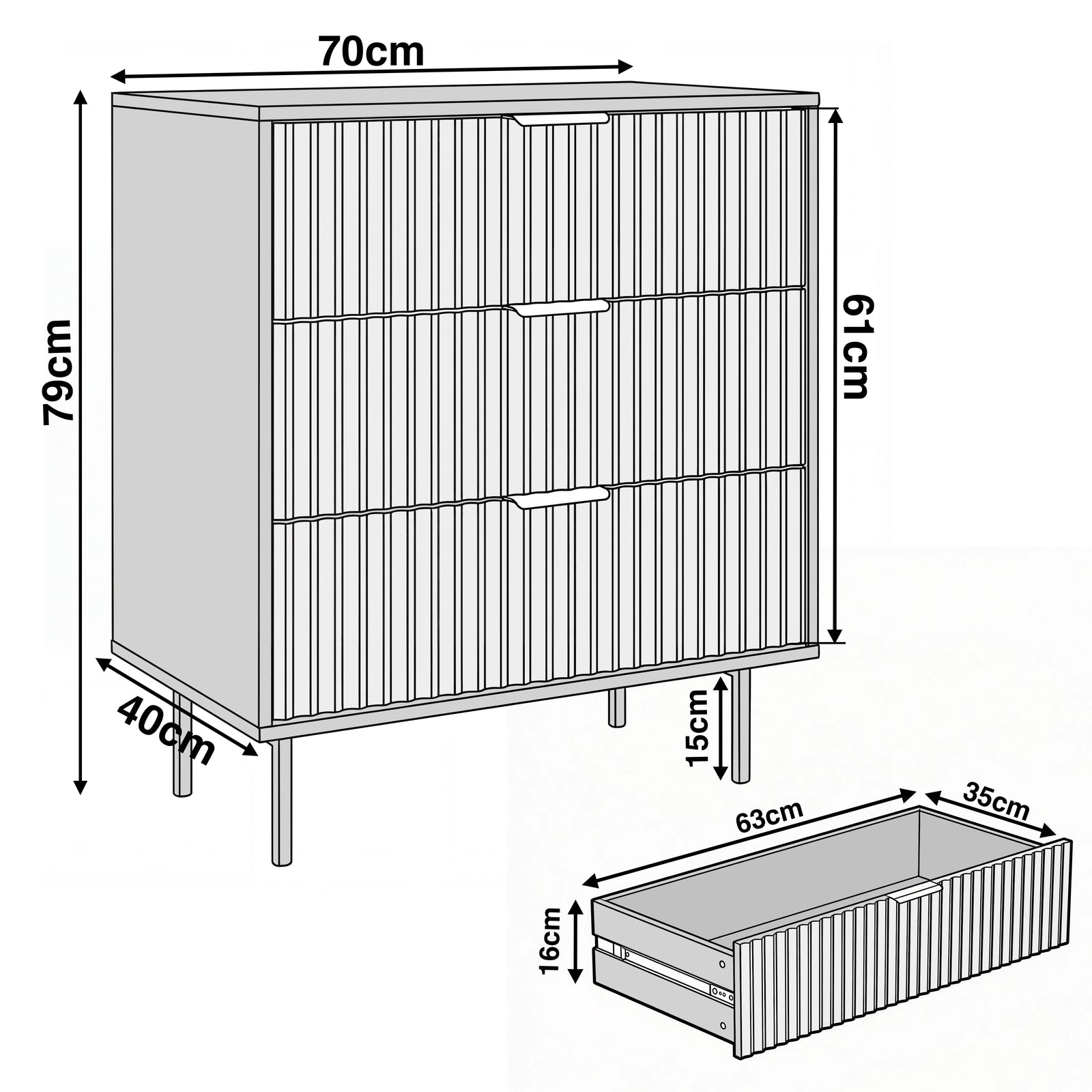 [Sage Green] Dimension diagram of a green 3-drawer chest showing overall height 79 cm, a width of 70 cm, a depth of 40 cm, and drawer sizes