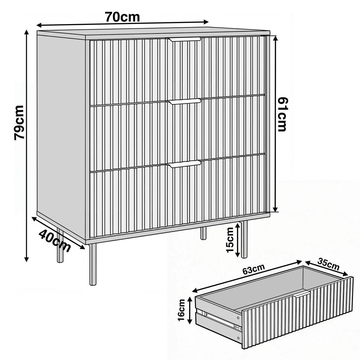[Grey] Dimension diagram of a grey 3-drawer chest showing overall height 79 cm, a width of 70 cm, a depth of 40 cm, and drawer sizes
