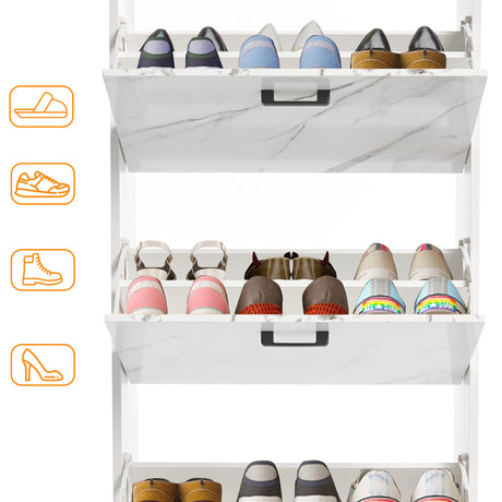 Slim shoe cabinet with doors open to display shoes like Crocs, slippers, boots, and wellies in a 3-door layout.