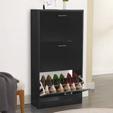 [Black] Black shoe cabinet in hallway, lowest drawer tipped forward showing green and red heels in rows