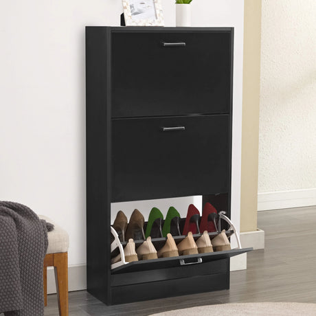 [Black] Black shoe cabinet in hallway, lowest drawer tipped forward showing green and red heels in rows