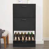 [Black] Tall black shoe cabinet on light floor, two upper drawers closed and lowest drawer dropped forward
