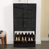 [Black Marble] Front view of black marble 3 drawer shoe cabinet with bottom flip drawer open showing footwear