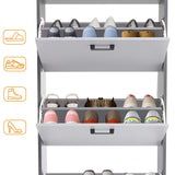 [Dark Grey & Silver Grey] Cutaway of grey-and-white shoe cabinet, top and middle flip drawers hinged forward with footwear