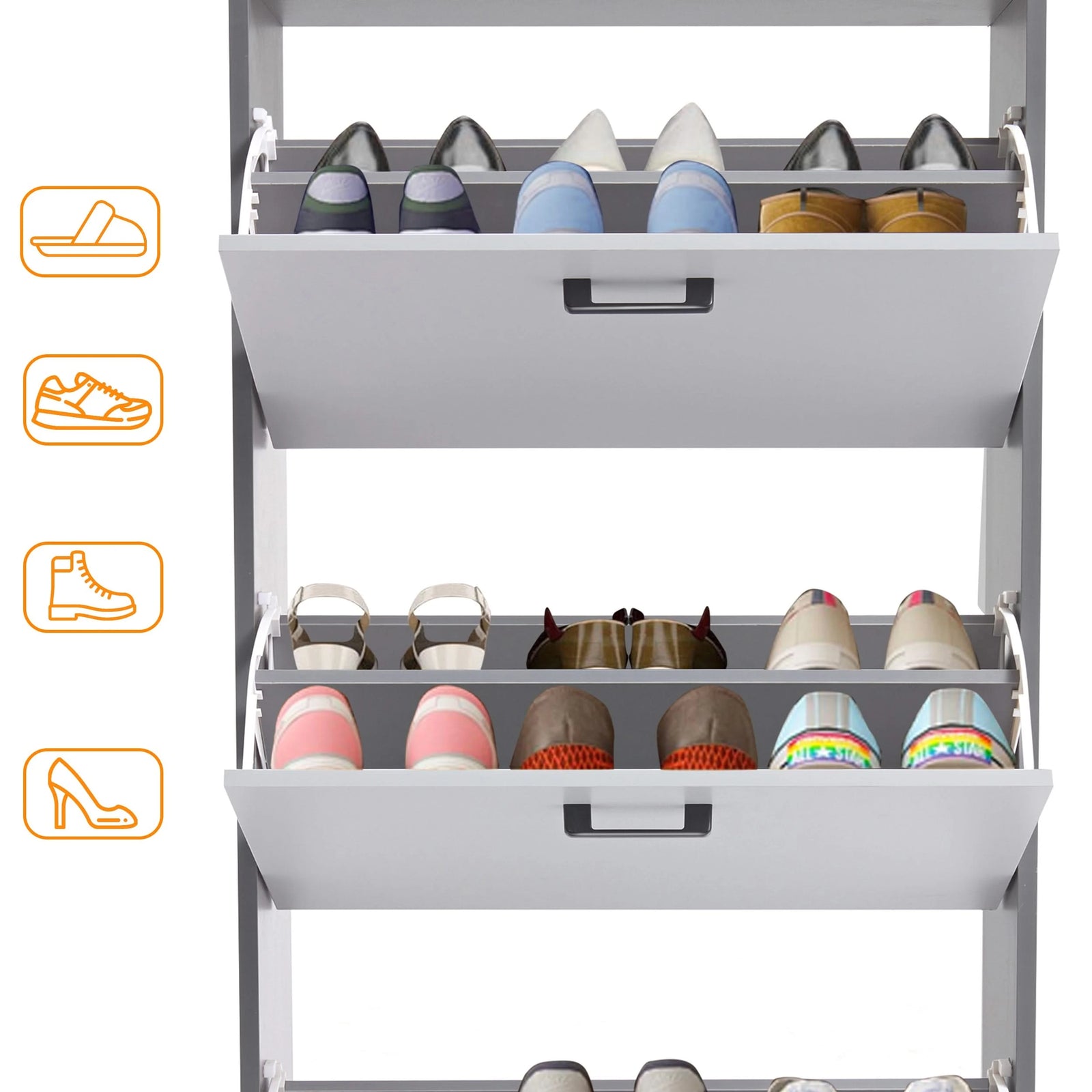 [Dark Grey & Silver Grey] Cutaway of grey-and-white shoe cabinet, top and middle flip drawers hinged forward with footwear