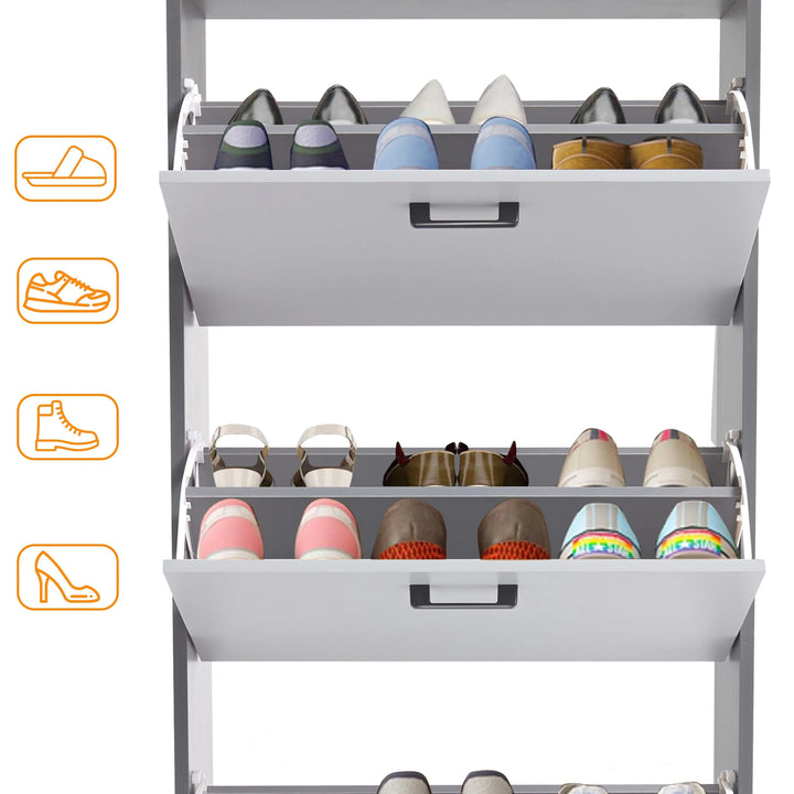 [Dark Grey & Silver Grey] Cutaway of grey-and-white shoe cabinet, top and middle flip drawers hinged forward with footwear