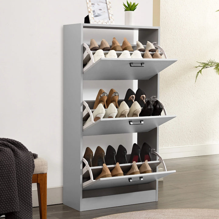 [Light Grey] Light grey slim shoe cabinet displaying all three drawers open with eighteen pairs of footwear