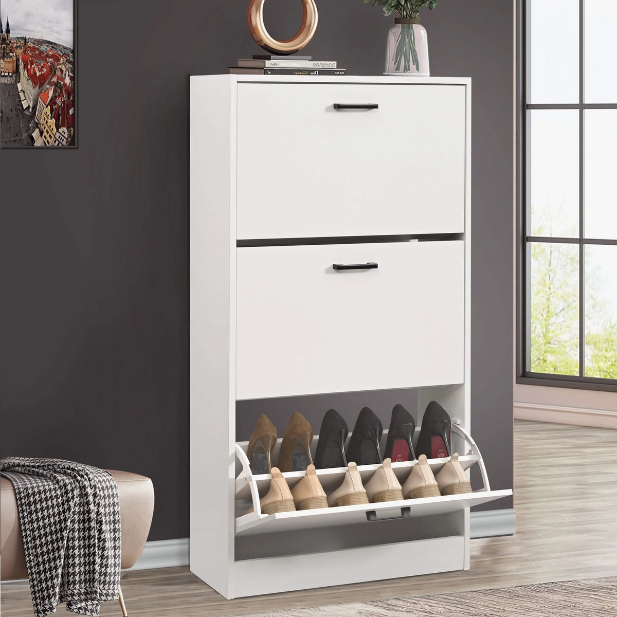 3 Drawer Slim Shoe Cabinet Hallway Tall Shoe Storage