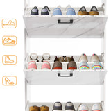 [White Marble] Tall white marble shoe cabinet showing top, middle and bottom drawers fully open with footwear