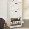 [White Marble] Glossy white marble shoe cabinet in hallway, lowest drawer tipped forward showing two rows of shoes