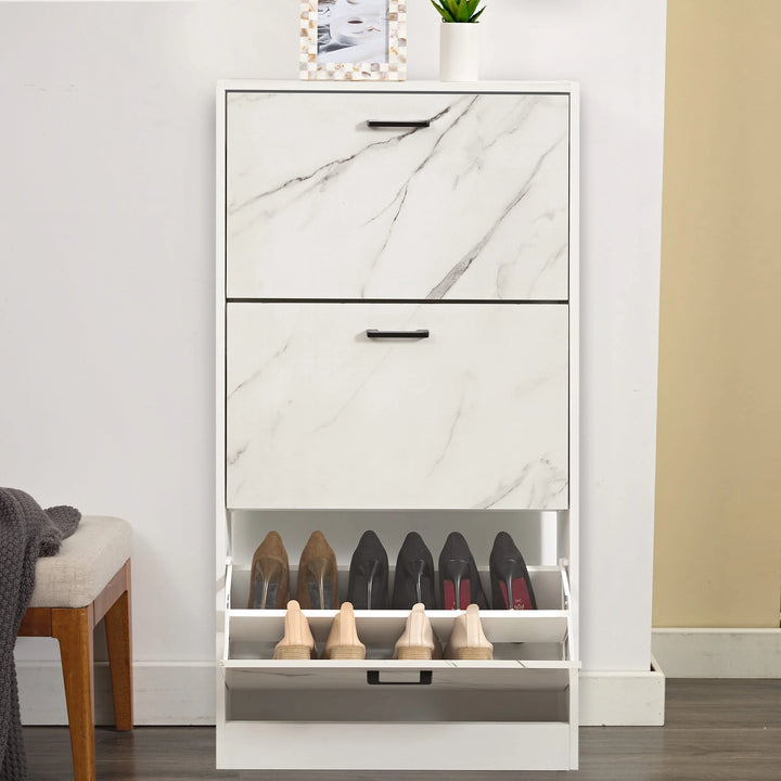[White Marble] Front view of white marble 3 drawer shoe cabinet with the bottom flip drawer hinged open