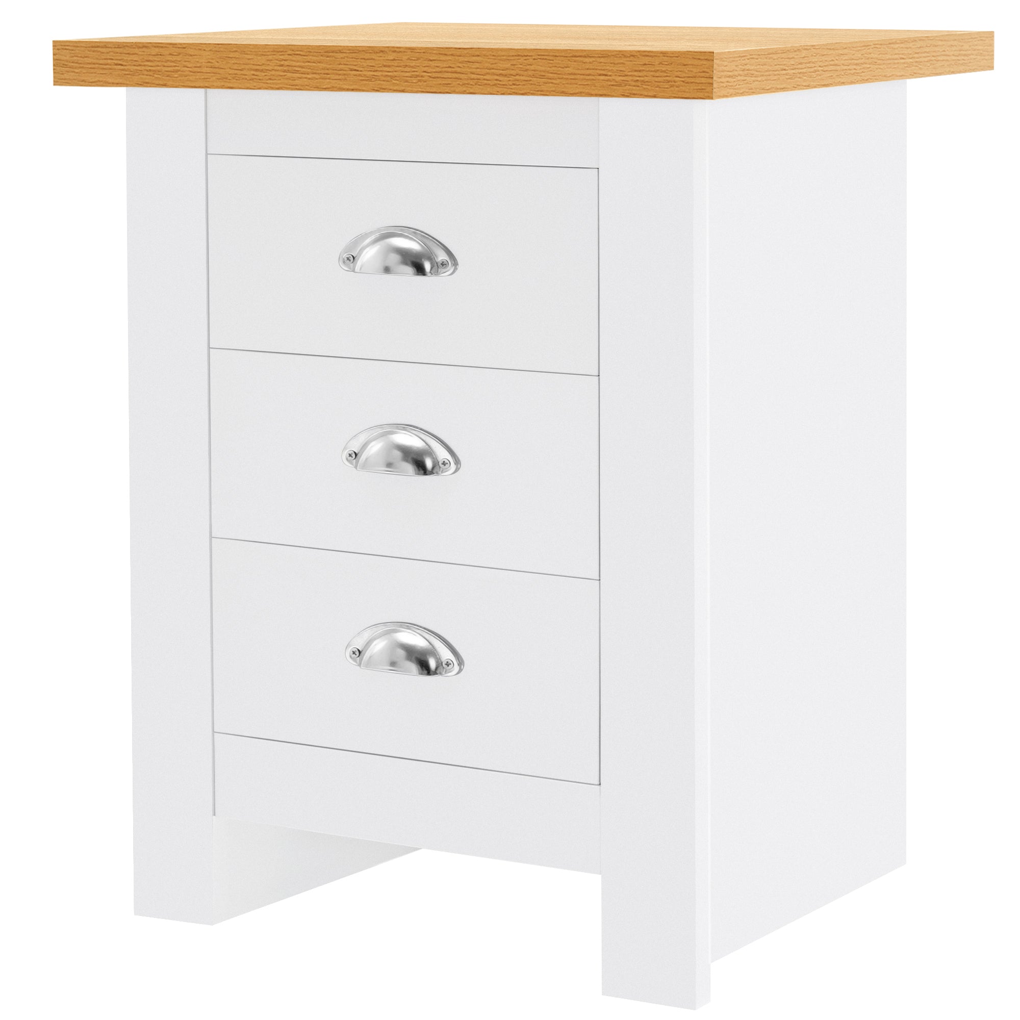 Sleek 3-drawer white bedside table, offering spacious storage and a clean, modern aesthetic"