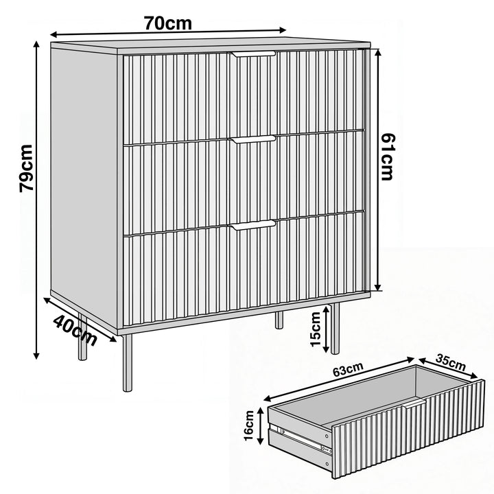 [White] Dimension diagram of white 3 drawer chest showing overall height 79 cm, width 70 cm, depth 40 cm, and drawer sizes
