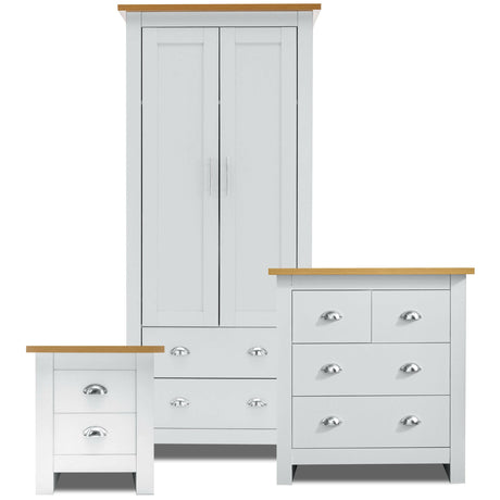 3 piece White bedroom furniture set with oak top, featuring a two-door wardrobe.