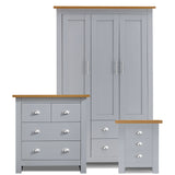 Grey 3-piece bedroom furniture set featuring a wardrobe with drawers, a 5-drawer dresser.