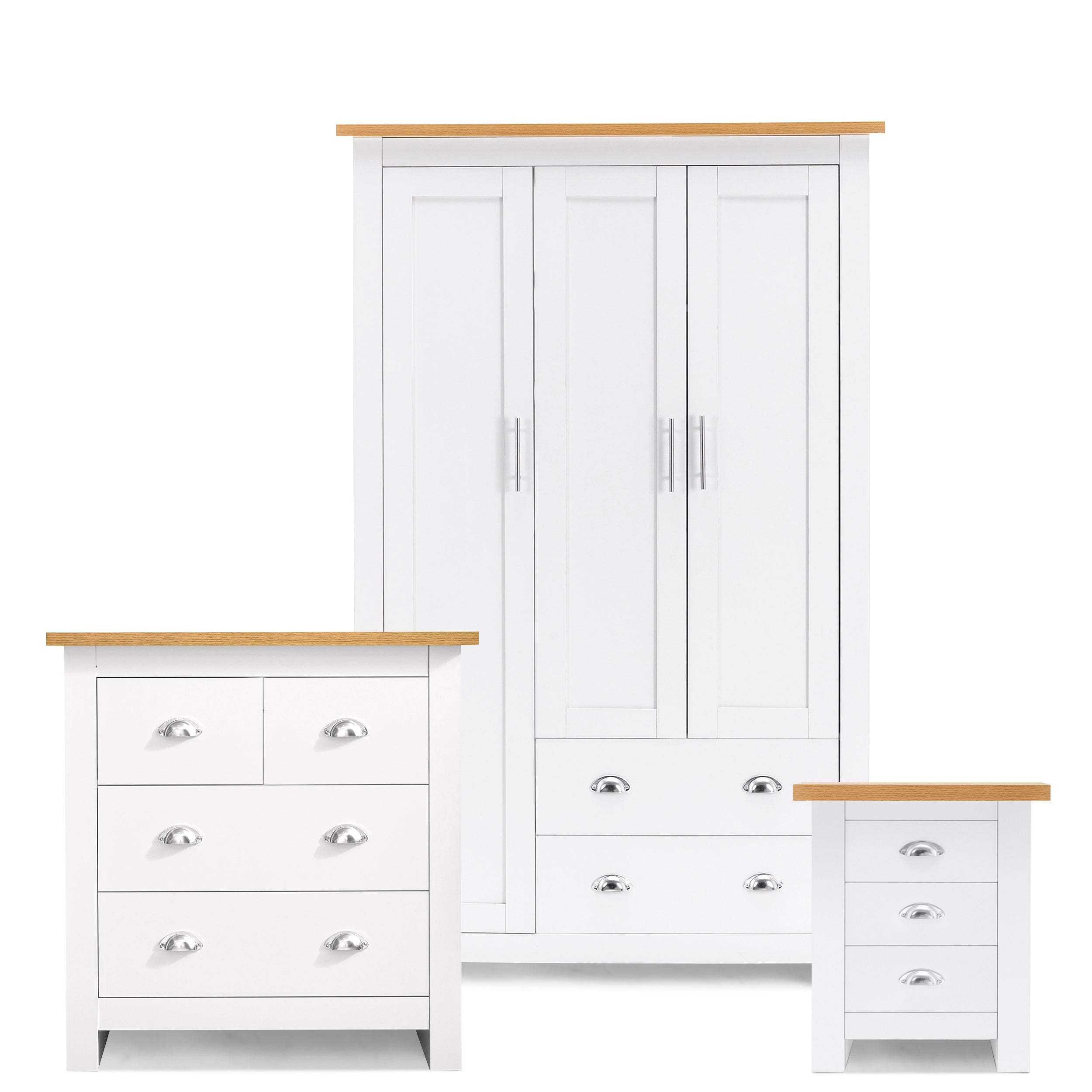 3-piece bedroom furniture set white featuring a wardrobe with three doors and drawers, large chest of drawers, and a small bedside table with oak wood top