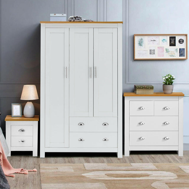 3 piece bedroom furniture set with white wardrobe and chest of drawers, oak tops and silver handles.