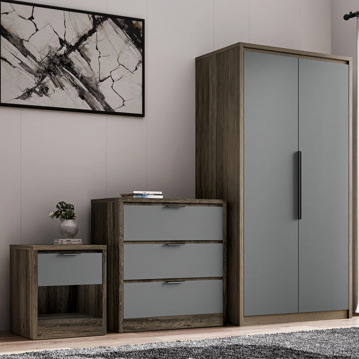 [Wooden Grey+Grey] Skova 3 Piece Bedroom Furniture Set with grey 2-door wardrobe, 3-drawer chest, and bedside table in wood finish