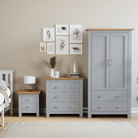 3 piece bedroom furniture set with chest of drawers, bedside tables & wardrobes for full storage.