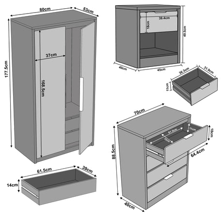Skova 3 Piece Bedroom Set - Wardrobe and Chest of Drawers with detailed dimensions including 2-door wardrobe, chest of drawers, and bedside table.