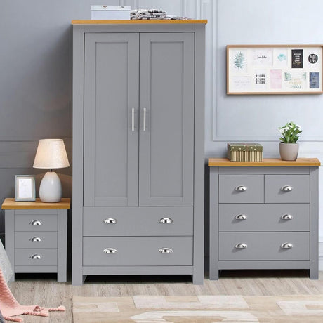 Modern 3-piece bedroom wardrobe set with drawers, bedside table, and chest