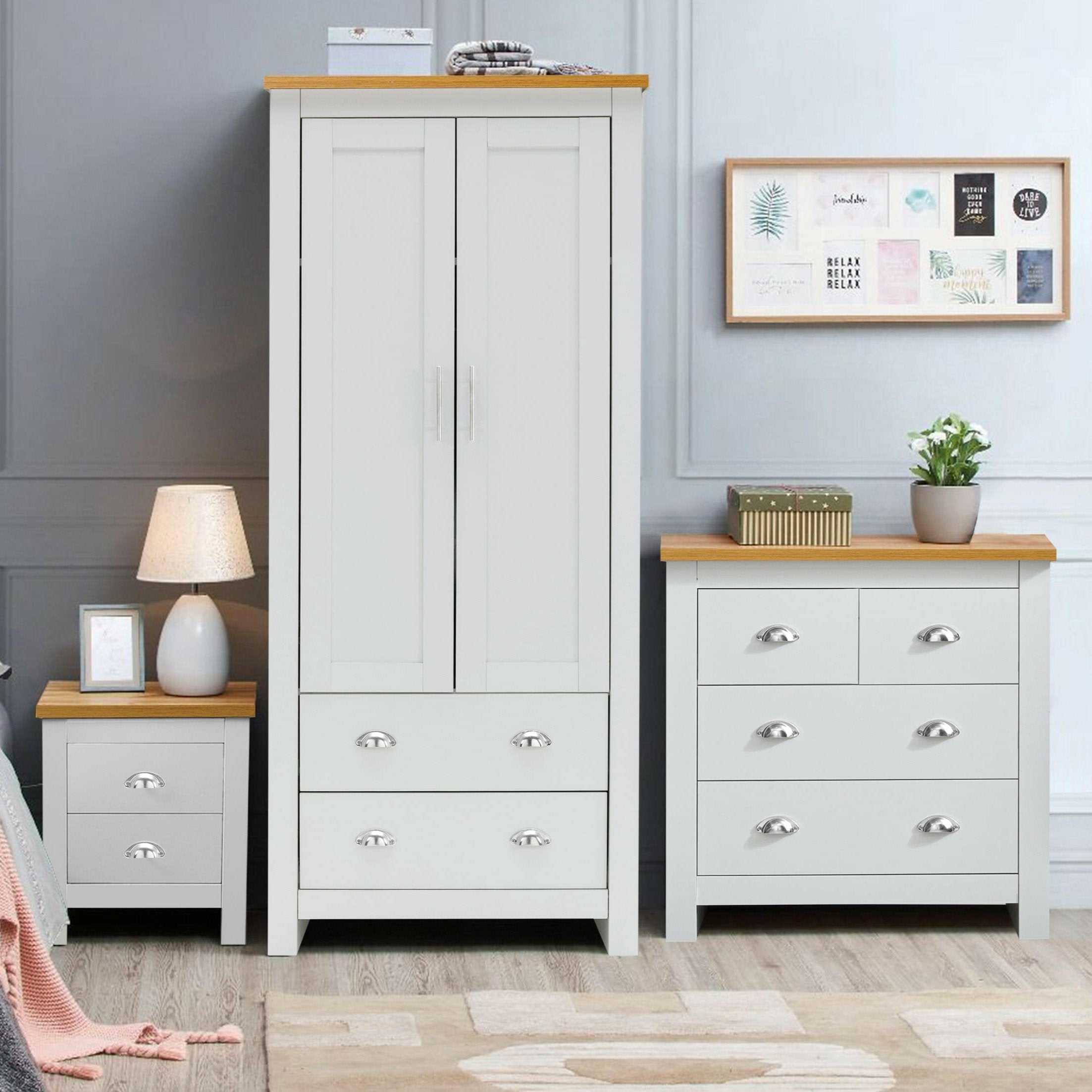 3 piece wardrobe set in white with wooden tops, featuring a wardrobe, chest of drawers.