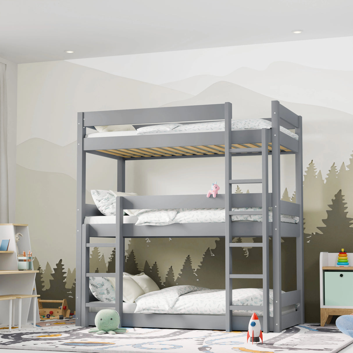 Single triple bunk bed in grey wood finish with three stacked beds, ideal for kids' rooms. Space-saving wooden high sleeper bed frame with ladder access.