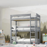 Single triple bunk bed in grey wood finish with three stacked beds, ideal for kids' rooms. Space-saving wooden high sleeper bed frame with ladder access.