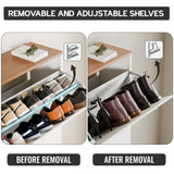 Shoe rack cabinet in white oak top showing modular drawer with divider removed to store tall boots like high ankle shoes.