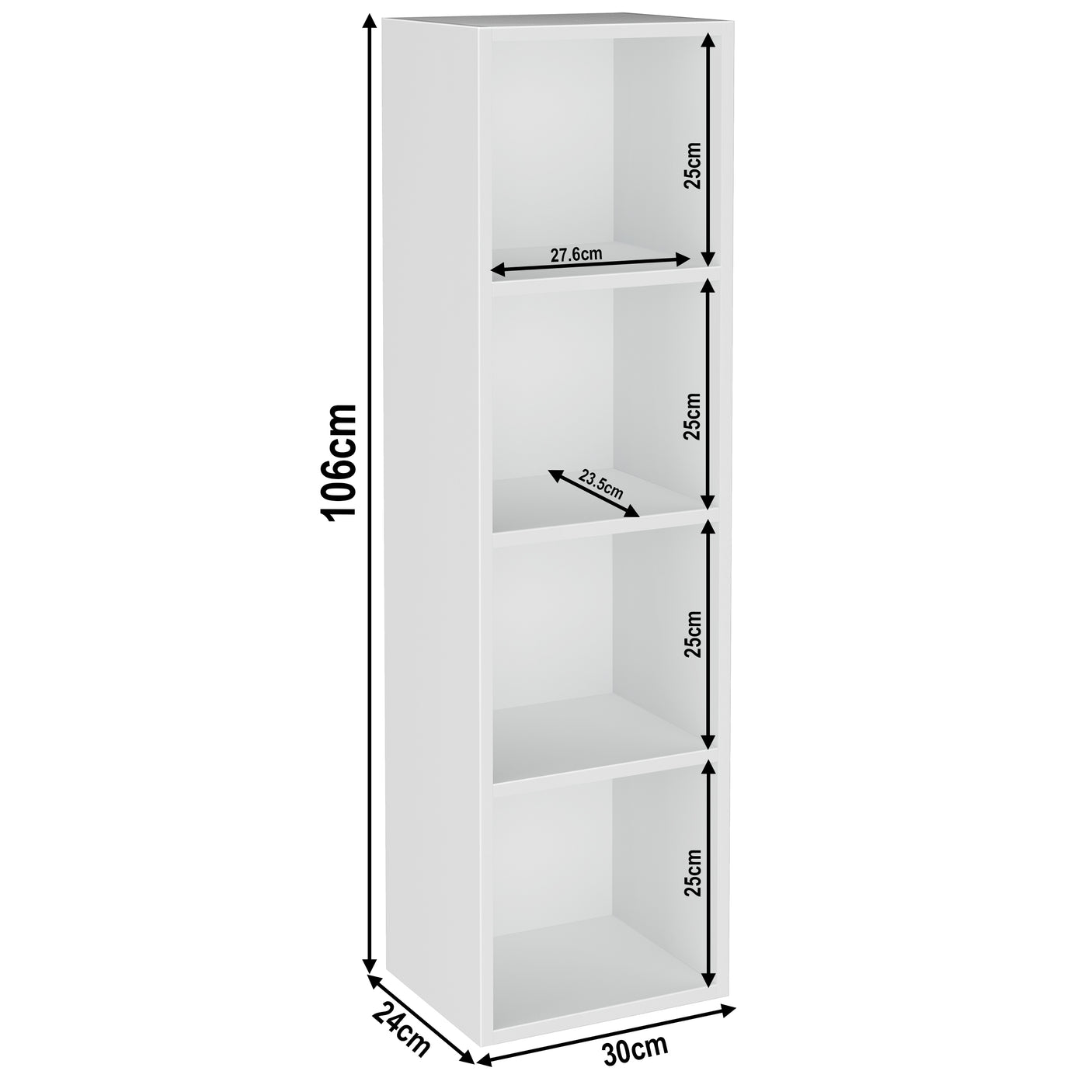 White 4 Tier Bookcase Cube Storage Unit with dimensions labeled. Compact 106cm tall narrow shelving unit for efficient storage.