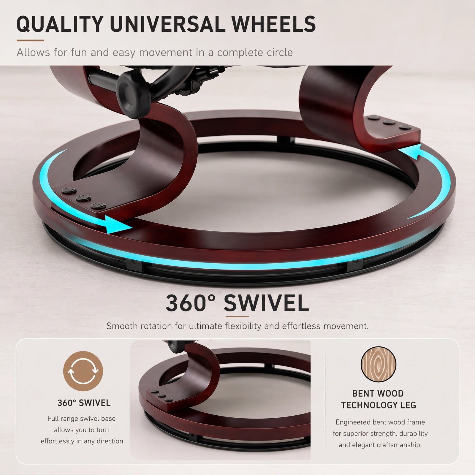 [Black - PU Leather] circular swivel chair base with text callouts: 'QUALITY UNIVERSAL WHEELS,' '360° SWIVEL,' and feature panels about bent wood