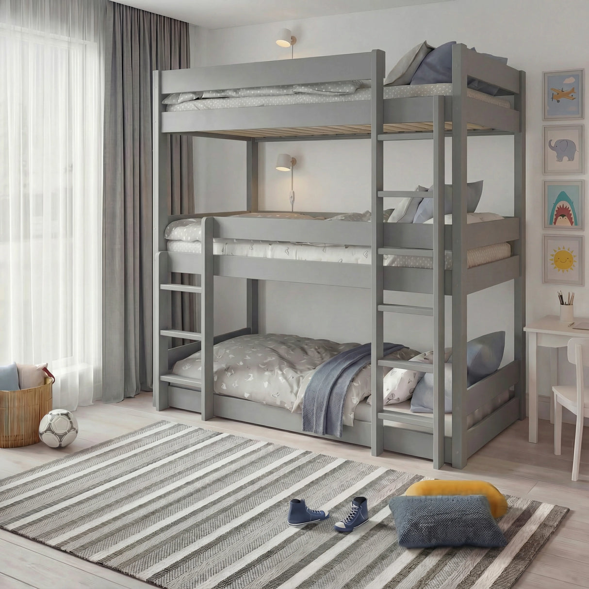 Wooden High Sleeper Triple Bunk Bed