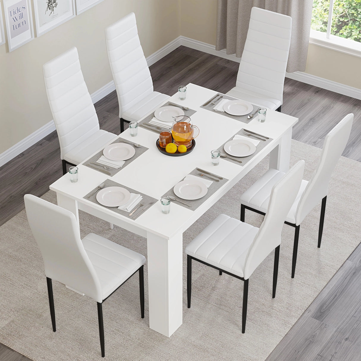 Modern 4-6 Seater White Dining Table and Chairs Set