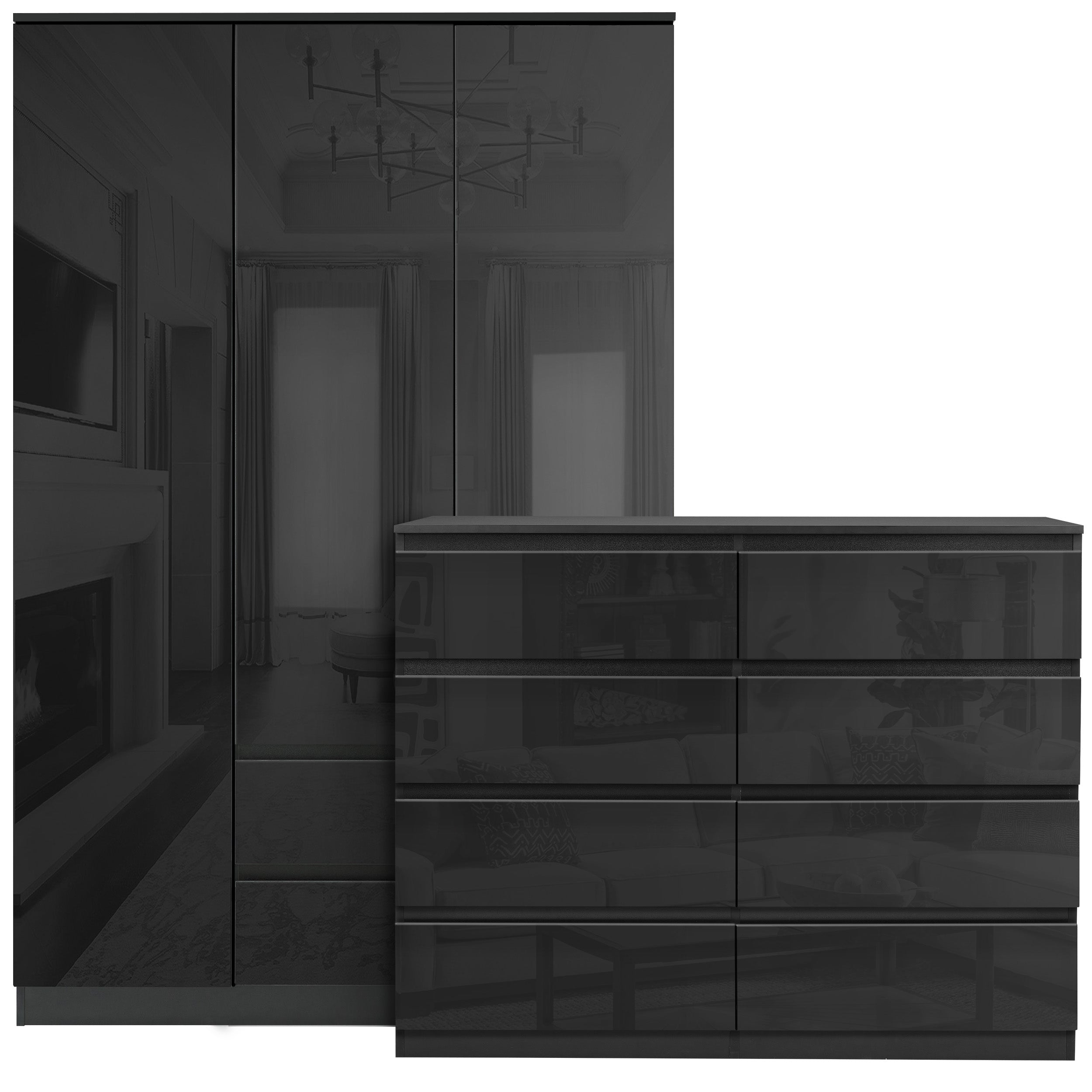 Blisswood High Gloss Bedroom Set (3 Door Wardrobe and 8 Drawer Chest)