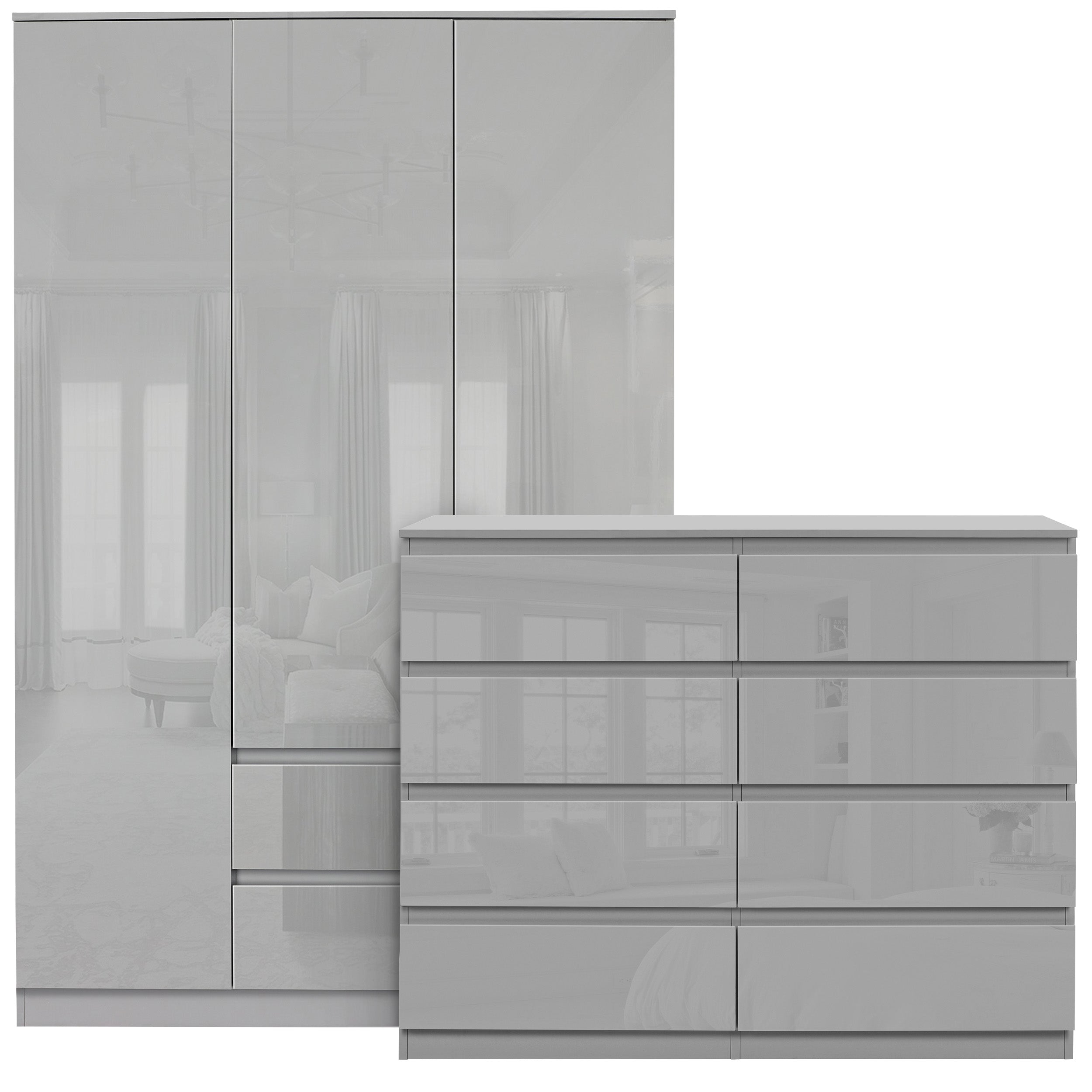 Blisswood High Gloss Bedroom Set (3 Door Wardrobe and 8 Drawer Chest)